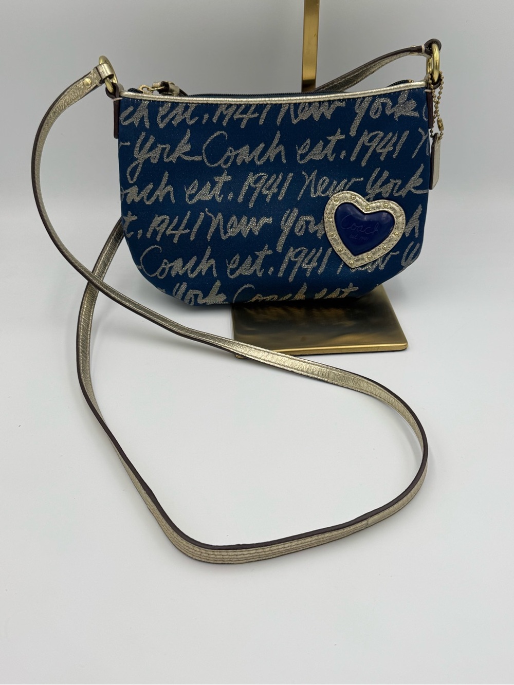 Coach Poppy Y2K Signature Script Lurex Crossbody Denim & Metallic Gold EUC